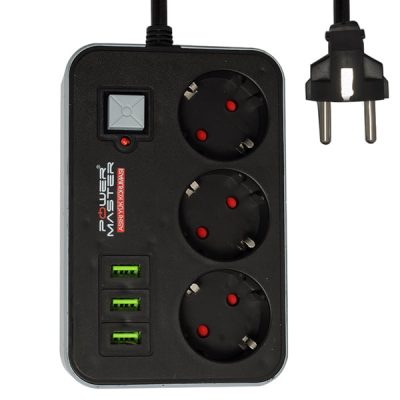 POWERMASTER PM-17564 3 USB ÇIKIŞLI 3'LÜ 1.8 METRE KABLOLU AKIM KORUMALI PRİZ 10A-2500 WATT