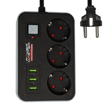 POWERMASTER PM-17564 3 USB ÇIKIŞLI 3'LÜ 1.8 METRE KABLOLU AKIM KORUMALI PRİZ 10A-2500 WATT