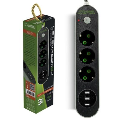 AKIM KORUMALI PRİZ 2 METRE KABLOLU POWERMASTER PM-17021 3 USB ÇIKIŞLI 3'LÜ 10A-2500 WATT
